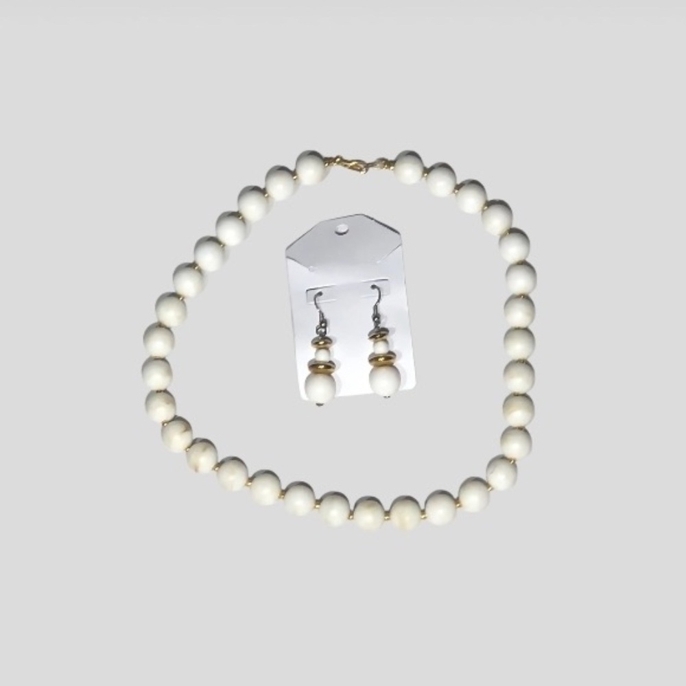 Vintage Beaded Necklace and Earring Set White Gold Tone